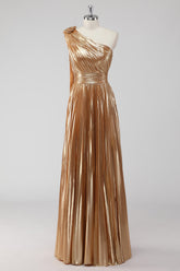Goldenes Ein-Schulter A-Linie Metallic Abendkleid